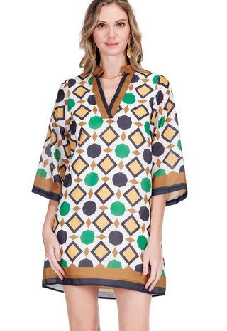 Split Neck Bell Sleeve Caftan Geo Border Jade