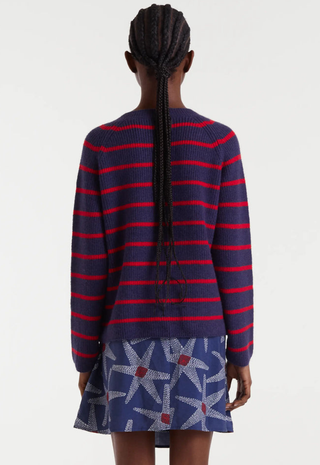 Navy Blue Red Striped Knit Cardigan Compañía Fantástica