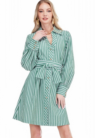 Collar Waist Pleated Shirtdress Green Stripes Jade
