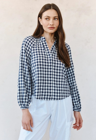 Long Sleeve Shirred Raglan Shirt Navy Gingham Bella Dahl